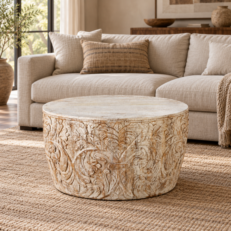 Solid Wood Drum Coffee Table – Whitewashed