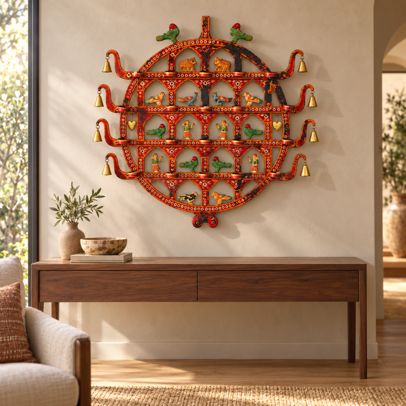 Round Toran Wall Hanging with Bells – Red Orange