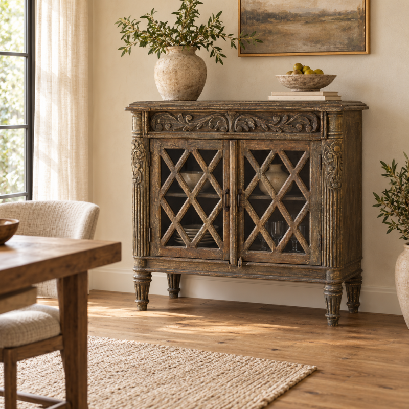 Diamond Lattice Two-Door Cabinet – Dark Aged Wood
