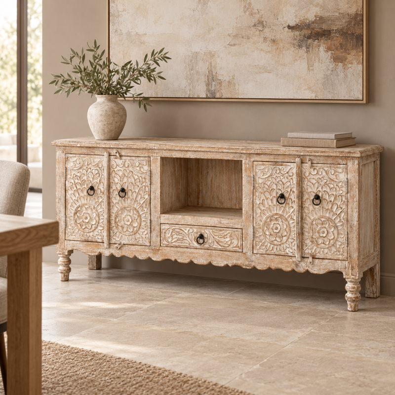 Carved Media Console with Open Niche – Whitewashed Wood