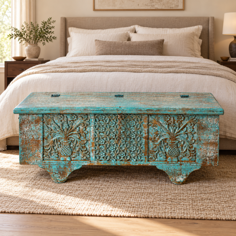 Carved Medallion Storage Trunk – Turquoise Patina