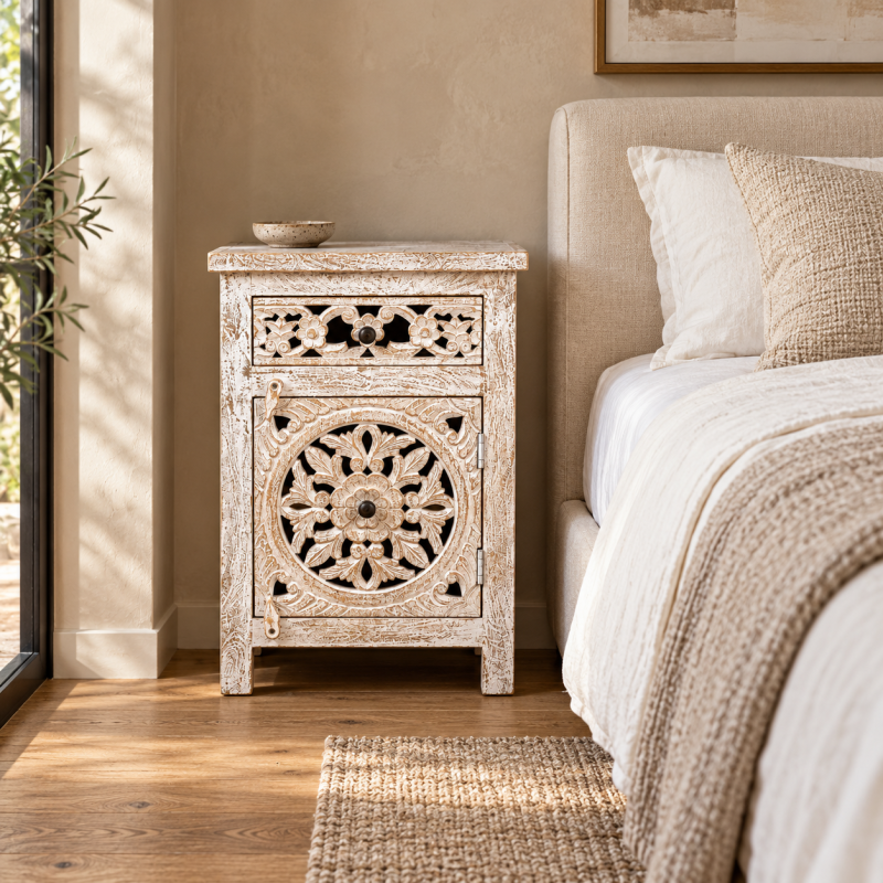 Jali Bedside Cabinet – Whitewashed Wood, Pair