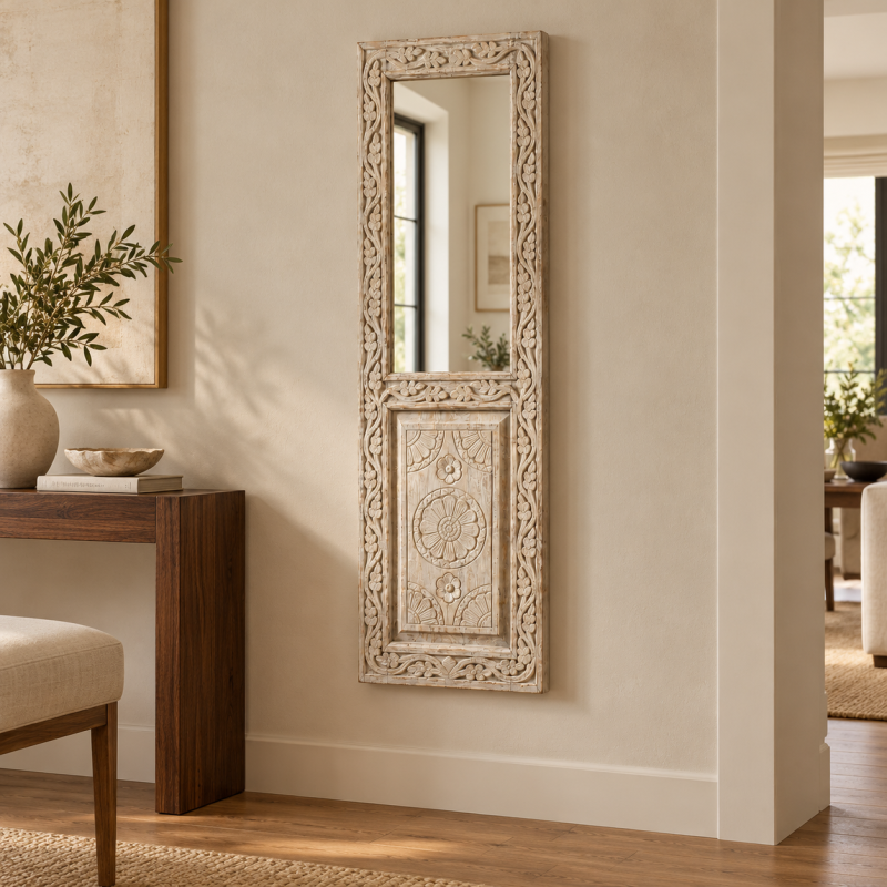 Narrow Carved Door Mirror – Whitewashed Wood