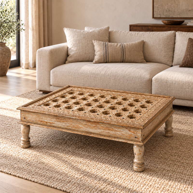Lattice Glass-Top Coffee Table – Natural Wood
