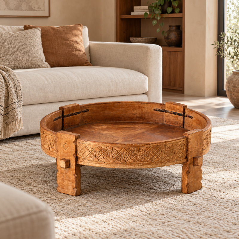 Chakki Millstone Coffee Table – Honey Wood