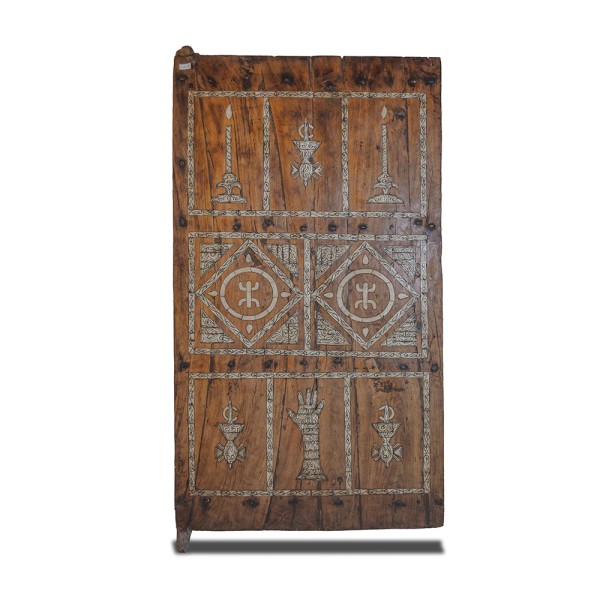 Antique Moroccan Cedar Door with Camel Bone Inlay